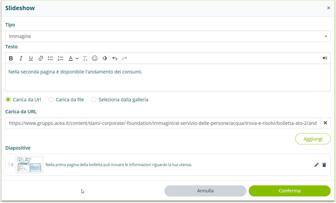 Sezione Slideshow per la creazione di slides con testo, immagini e video