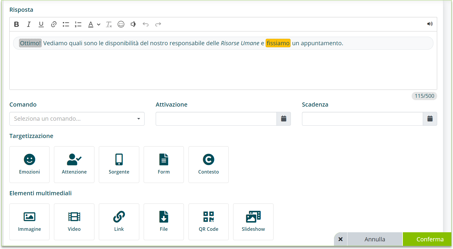 Pagina di risposta del messaggio di coinvolgimento