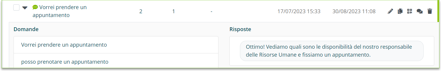 Anteprima della risposta e delle impostazioni collegate all'intent