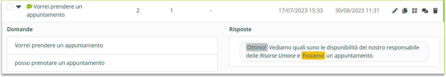 Dettagli della formattazione della risposta