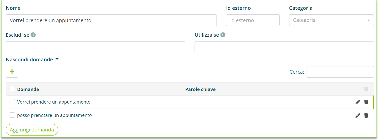 Pagina di creazione di un nuovo intent