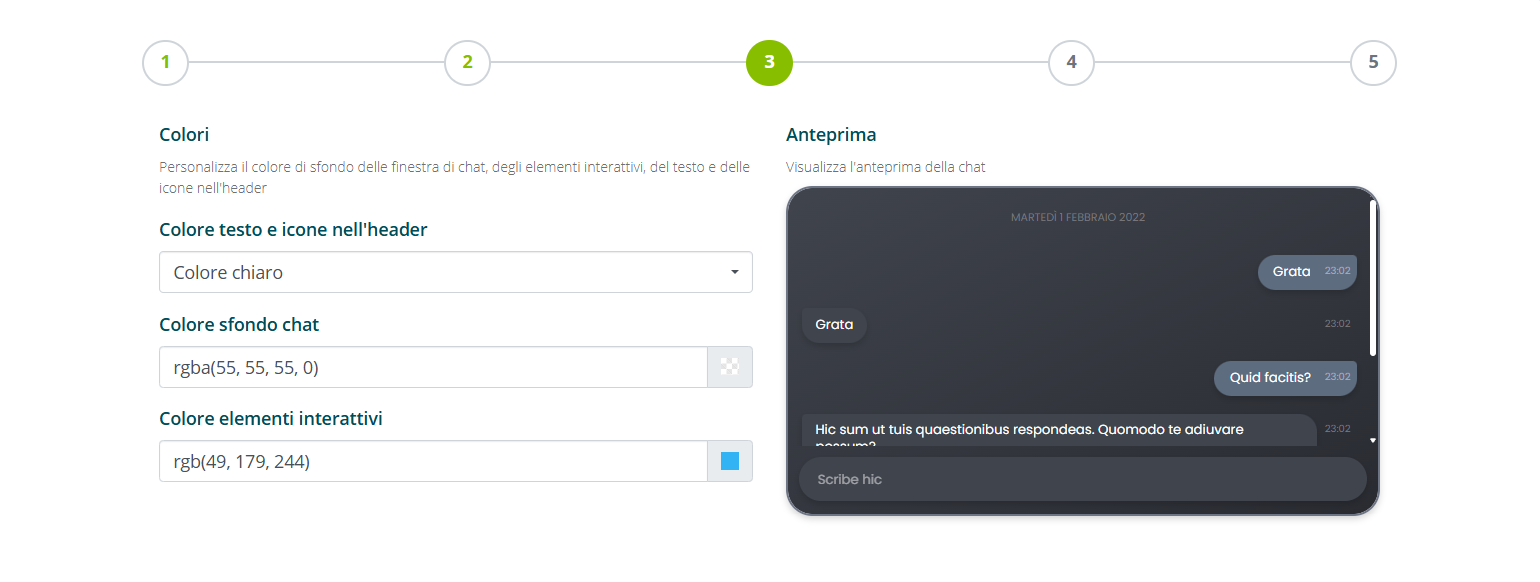 Terzo step del Wizard: personalizzazione interfaccia chat