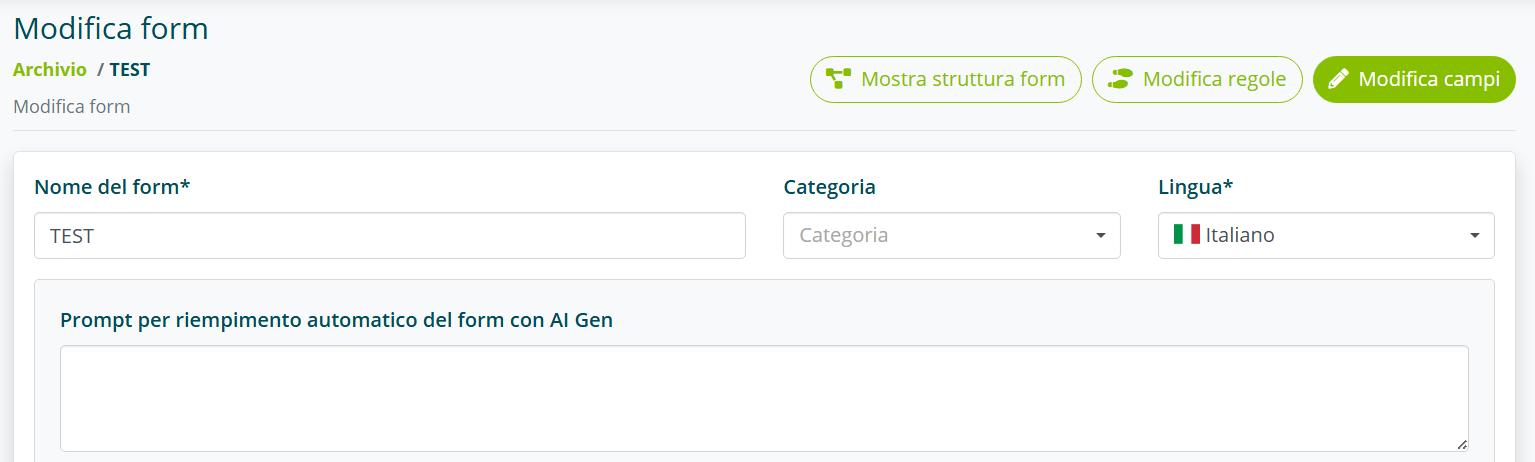 Pulsante Modifica campi per accedere all'editor dei campi