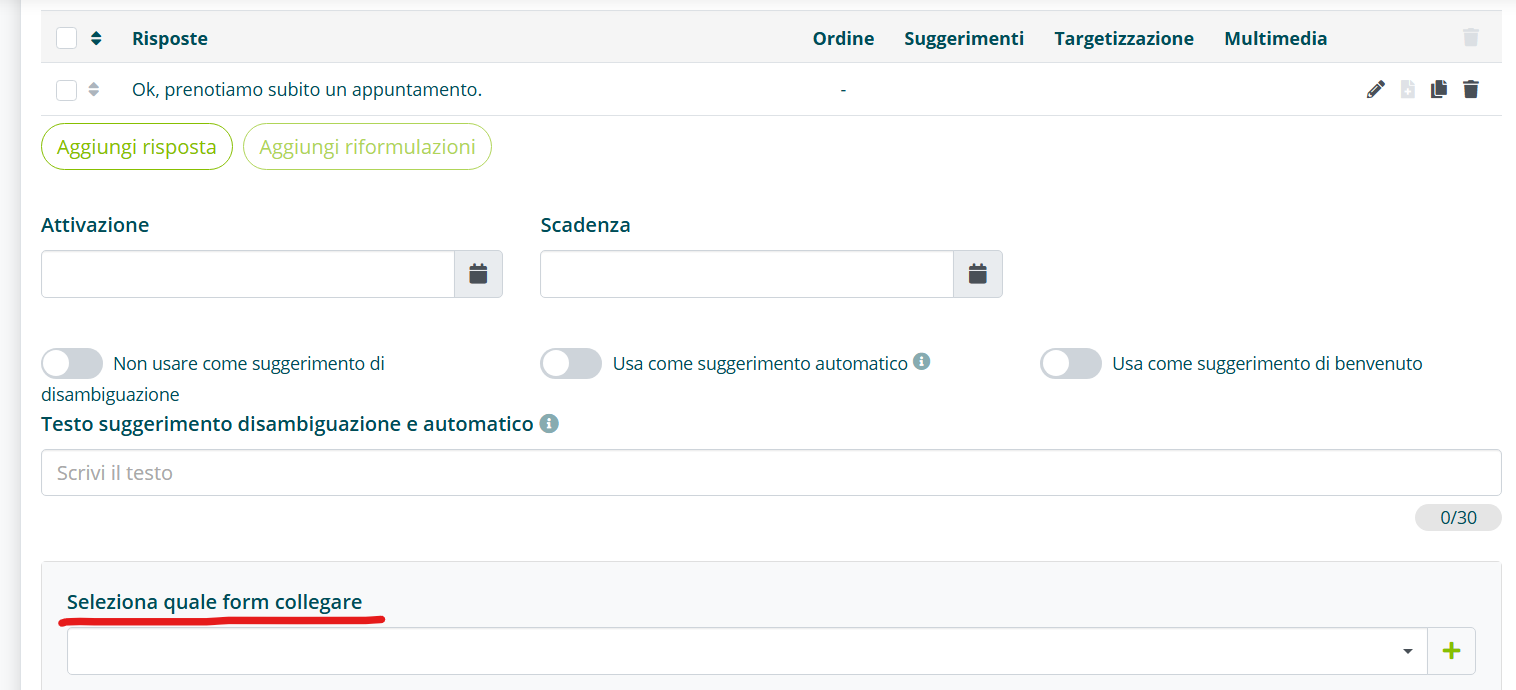 Opzione Seleziona quale form collegare nell'intent