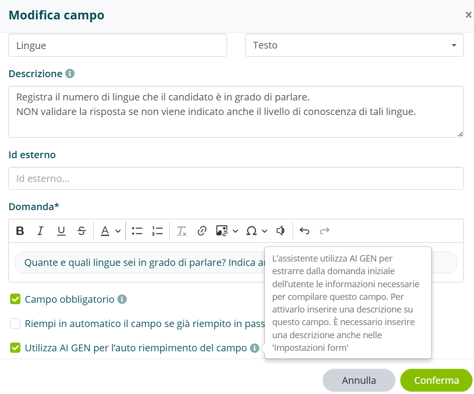 Attivazione dell'opzione Utilizza AI GEN per auto riempimento del campo