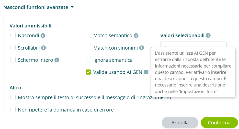 Attivazione dell'opzione Valida usando AI Gen nelle funzioni avanzate