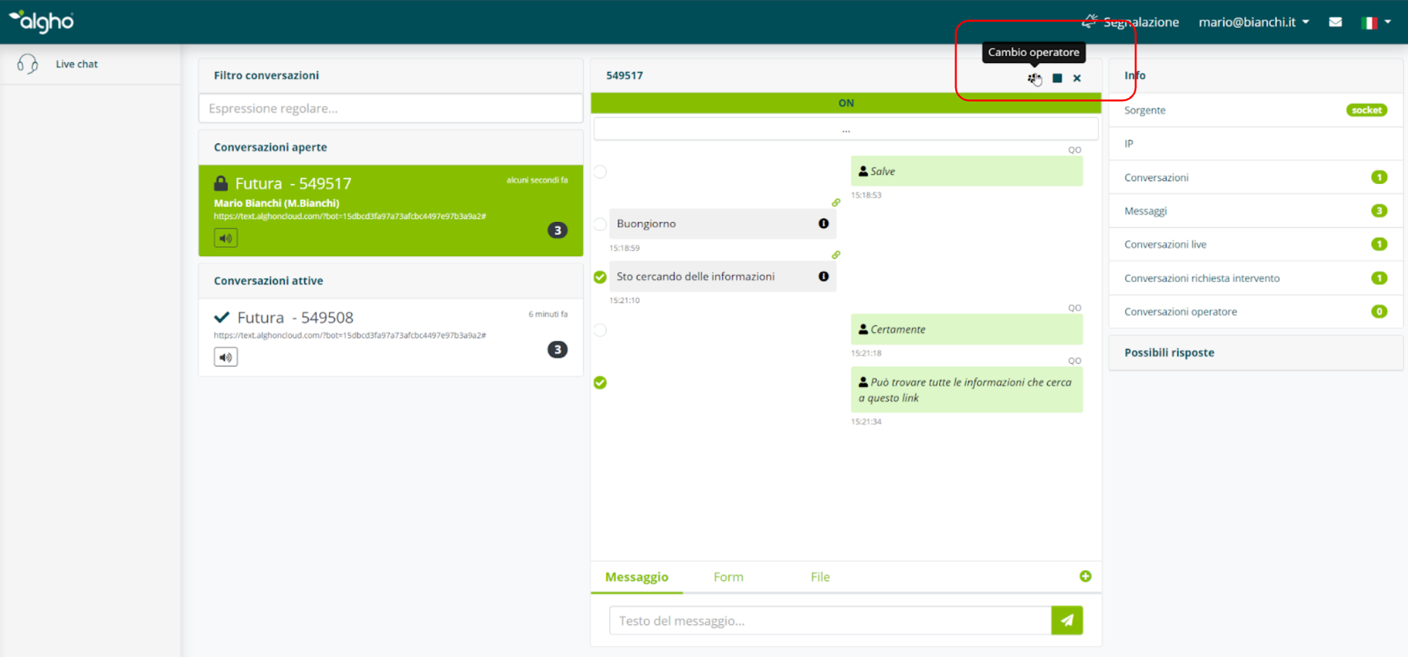 Icona cambio operatore in alto nella chat