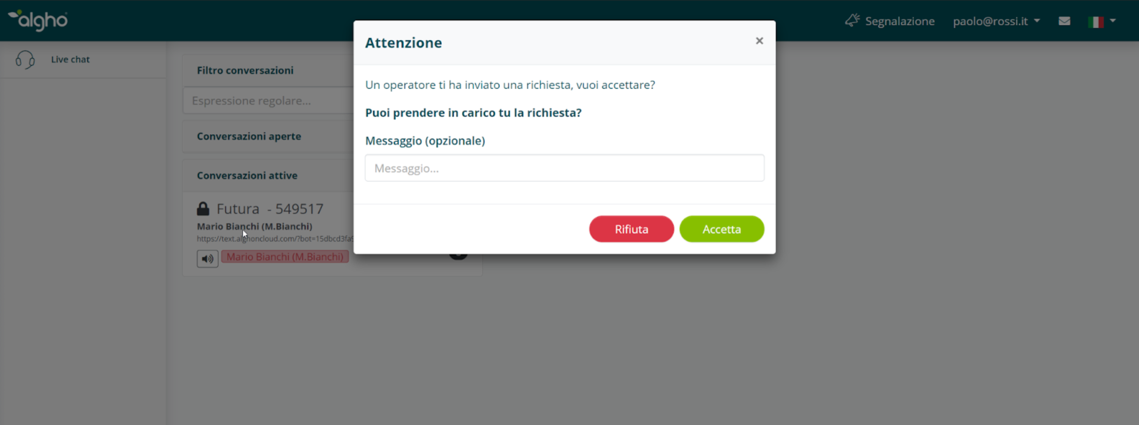 Modale accetta o rifiuta richiesta di cambio operatore