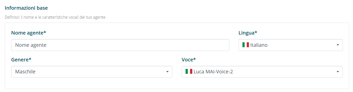 Sezione Informazioni di Base per la creazione dell'Agente