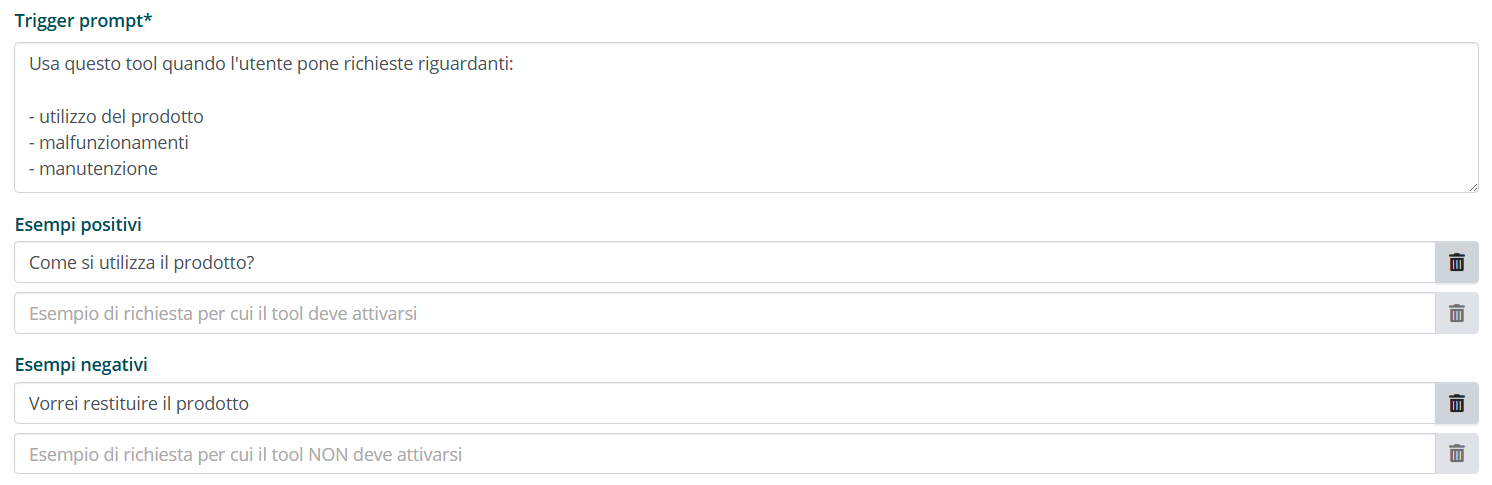 Configurazione trigger prompt, esempi positivi e negativi