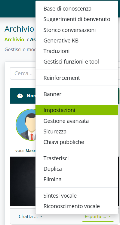 Menu Impostazioni dell'Agente