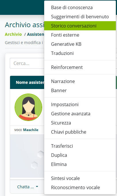 Apertura dello storico conversazioni dal menu assistente