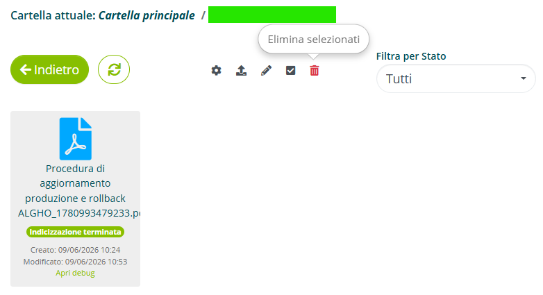 Pulsante Elimina selezionati per rimuovere documenti