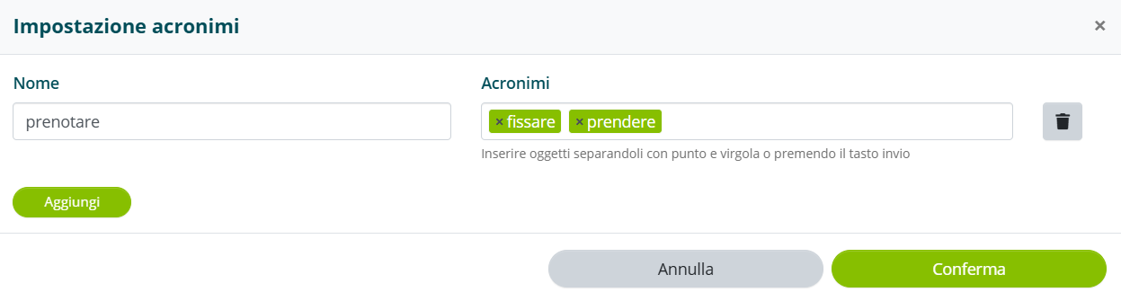 Configurazione acronimi per la ricerca