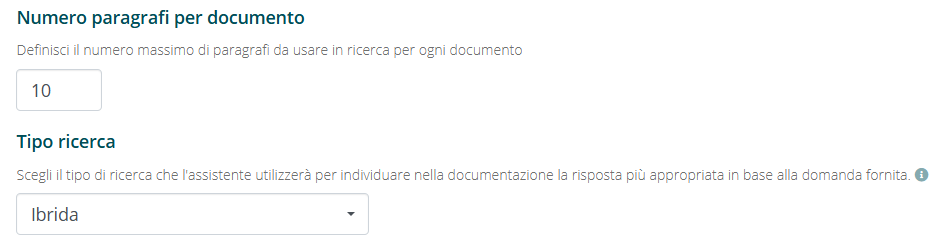 Impostazioni tipo di ricerca: vettoriale, semantica, ibrida