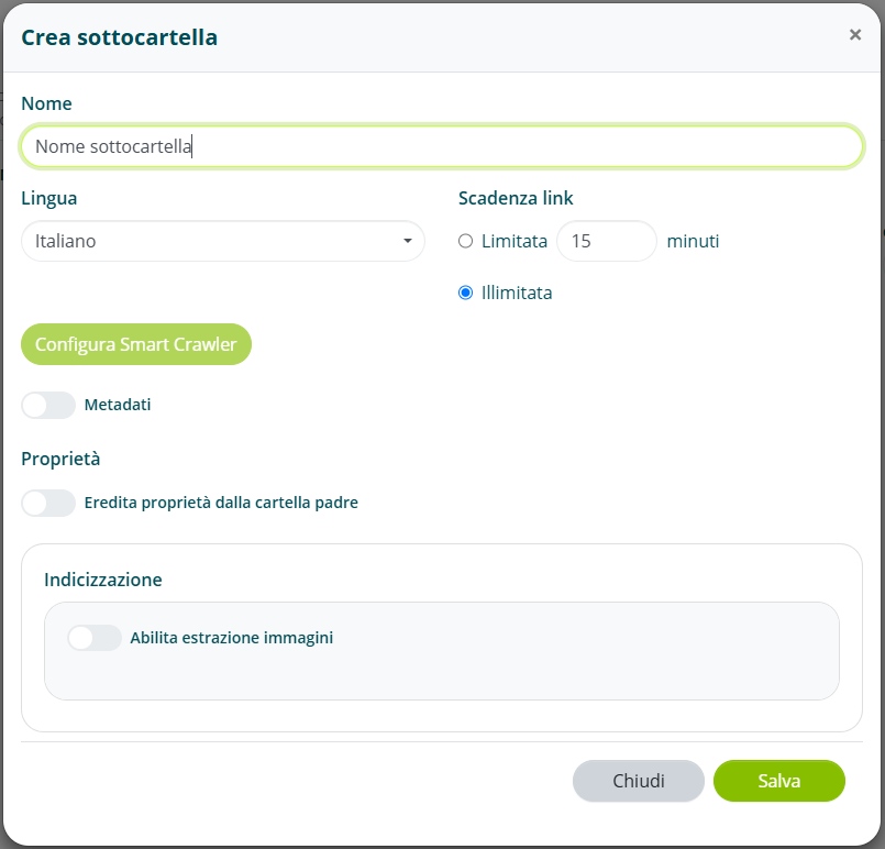 Configurazione sottocartella con lingua e durata link