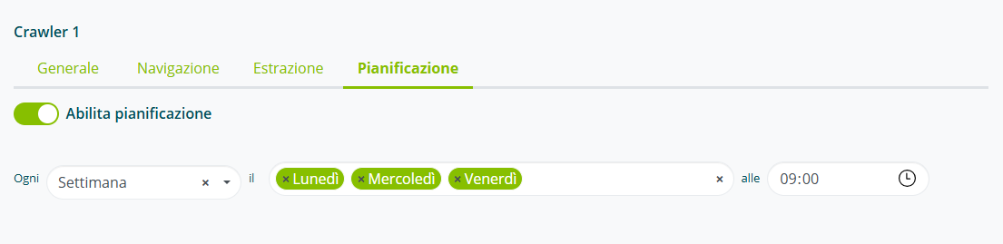 Impostazioni pianificazione del Crawler