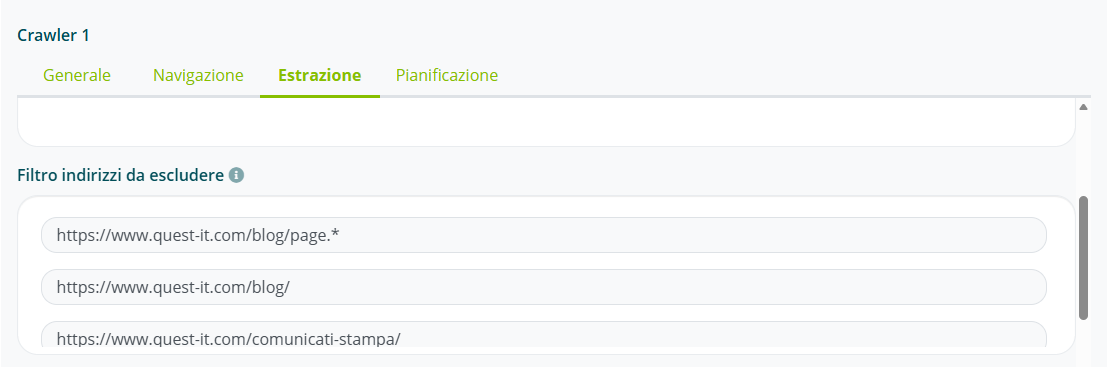 Campi filtro indirizzi da includere ed escludere nell'estrazione