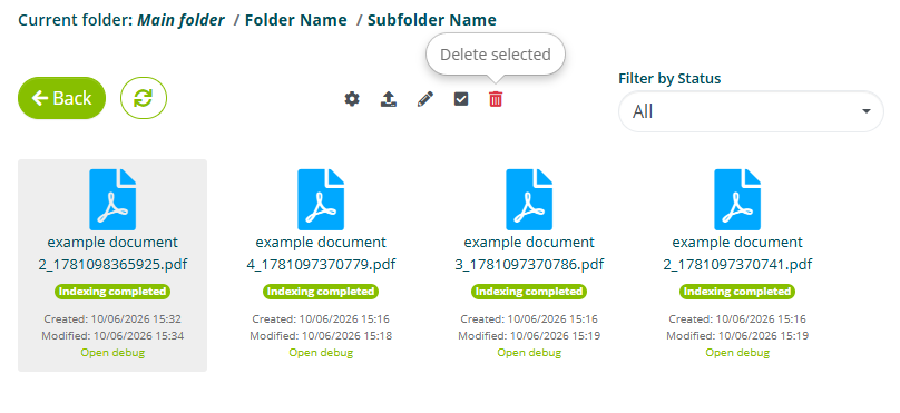 Pulsante Elimina selezionati per rimuovere documenti