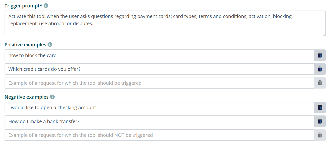Configurazione trigger prompt, esempi positivi e negativi