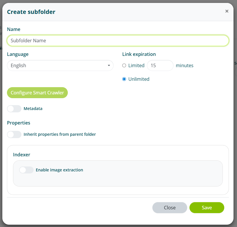 Configurazione sottocartella con lingua e durata link